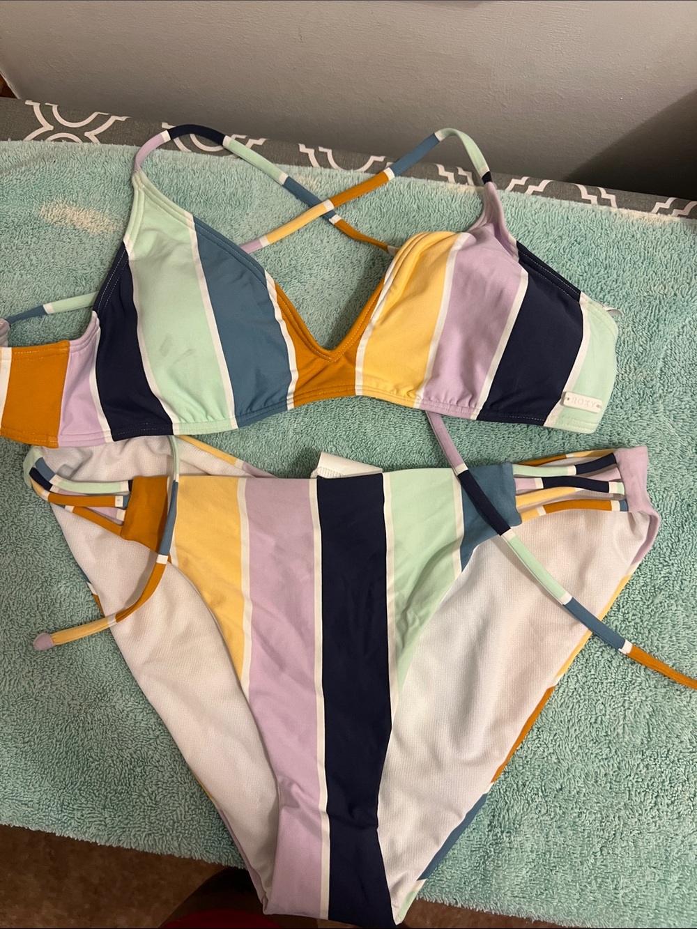 Roxy rainbow striped bikini top and bottom NWT